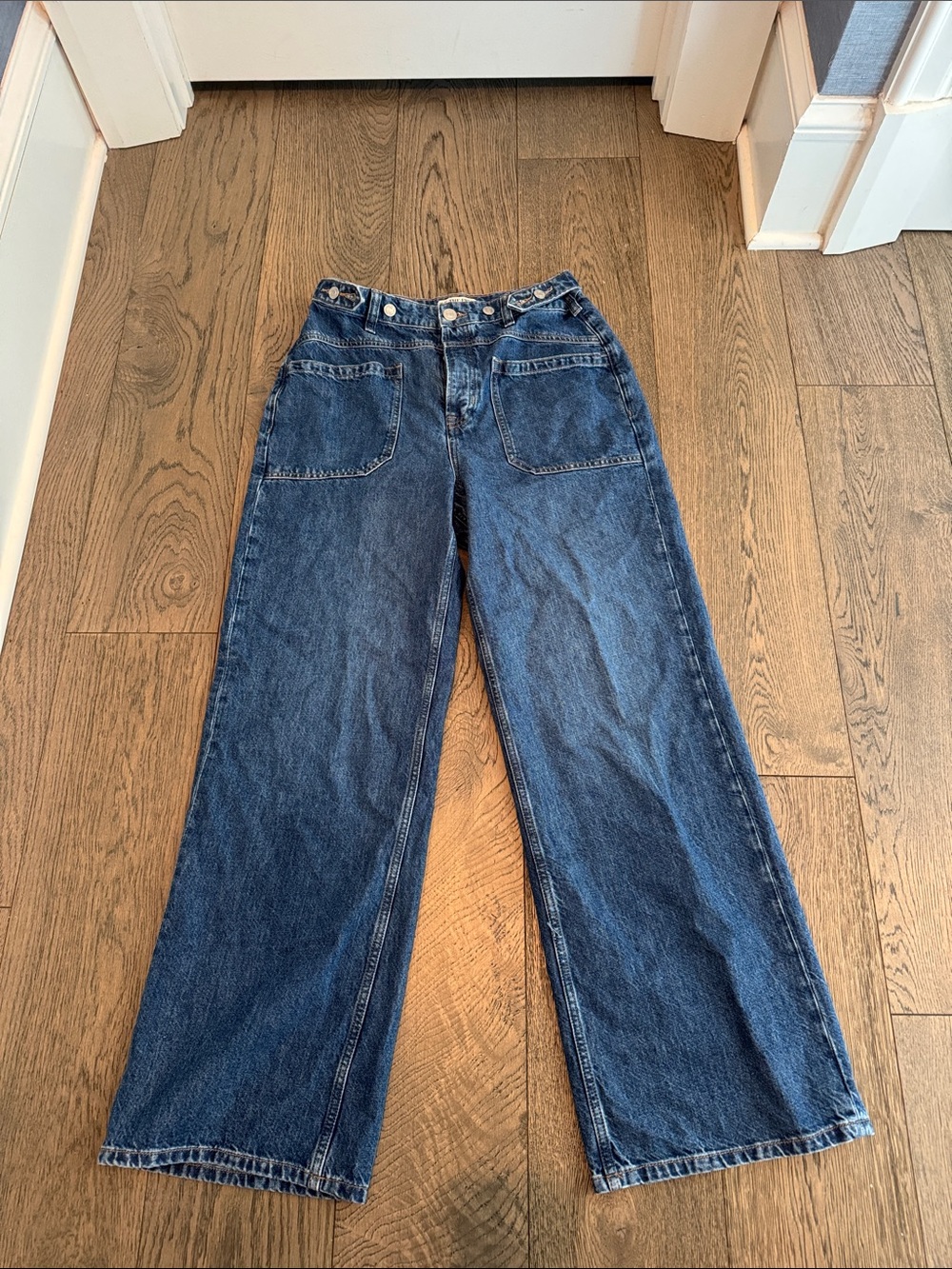 Free People Dark Blue Straight-Leg Jeans with Adjustable Waist